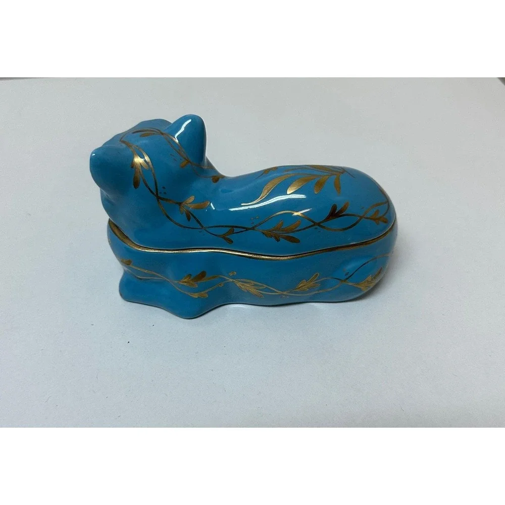 Vintage Limoges France Blue Ceramic Cat Trinket Box Gold Floral Hand Painted
